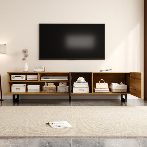 Colorblock TV Cabinet, Simple Contrasting Color Design, Three Doors And Two Compartments, U-Shaped Metal Legs, Retro Wood Grain