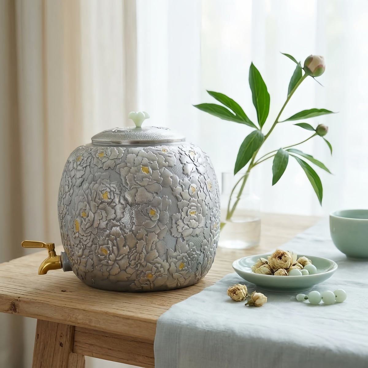Pure 999 Fine Silver Luxurious  Floral Tea Caddy with Gold Accents-Premium Water Tank - Handicraft