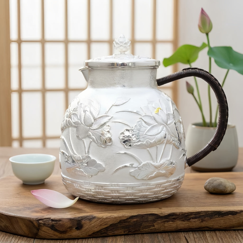 Pure 999 Fine Silver Handcrafted Silver Lotus Teapot with Woven Base and Dark Wrapped Handle - Handicraft