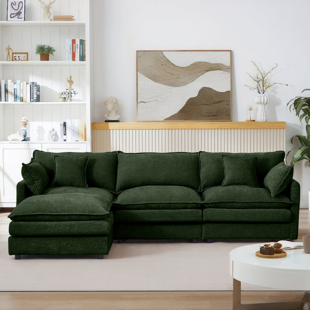 Modular Sectional Sofa, 102 Inch L Shaped Couch Set For Living Room, 3-Seater Comfy Cloud Couches With Movable Ottoman, DIY Combination, Chenille, Green