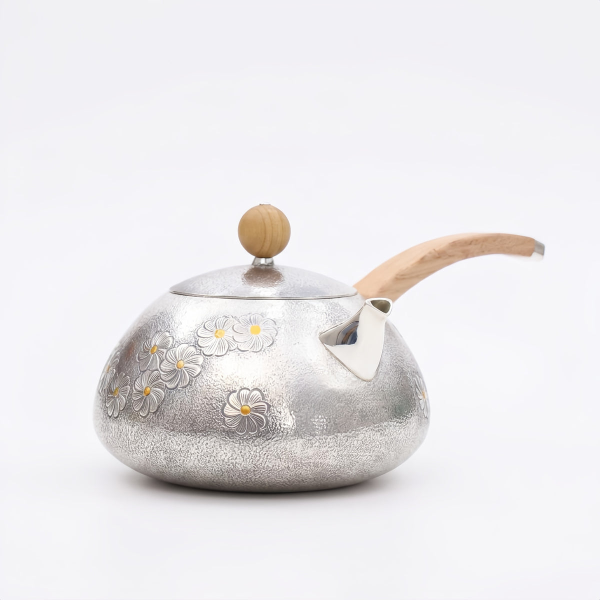 Pure 999 Fine Silver Hand-Hammered Silver Teapot with Delicate Floral Engravings and Sandalwood Handle - Handicraft