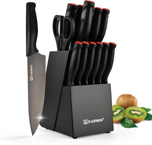 15-Piece Knife Set, High Carbon Stainless Steel Imported From Germany, Beveled Mercerized Blade, Black Titanium Stainless Steel Knives Block Set With Built-in Sharpener, Non-Slip Handles