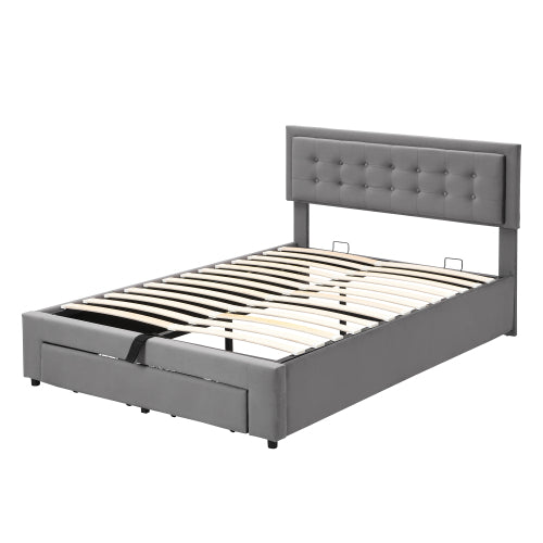 Upholstered Bed,Double Bed-4ft6 135x190cm, Velvet Fabric, Double Bed, Large Storage Space,With Slats And Headboard,Without Mattress,Grey