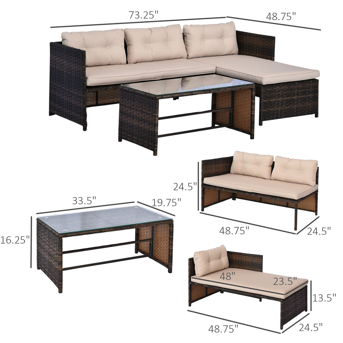 3 Piece Patio Furniture Set, Rattan Outdoor Sofa Set With Chaise Lounge & Loveseat, Soft Cushions, Tempered Glass Table, L-Shaped Sectional Couch, Beige