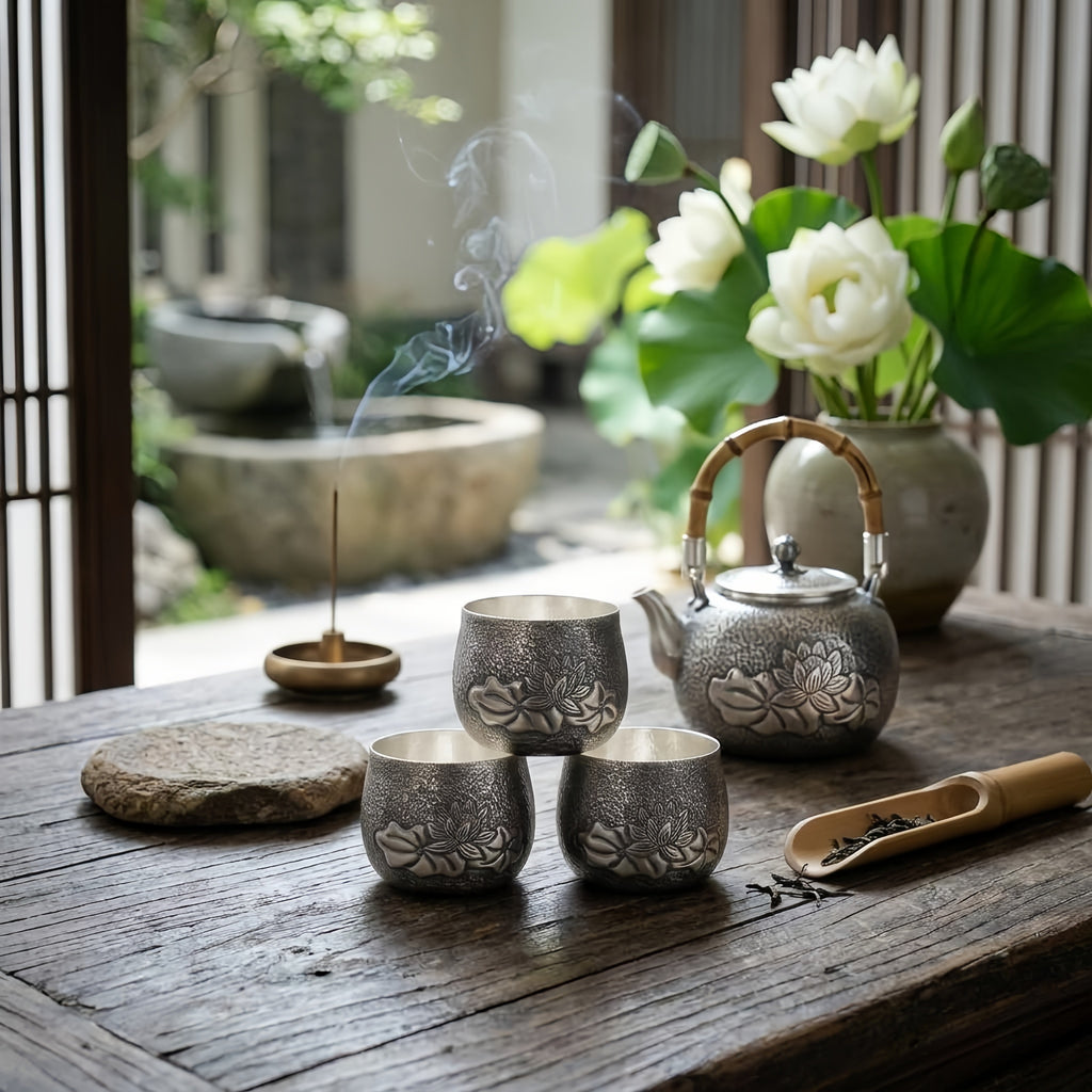 925 Sterling Silver Elegant Hammered Metal Cups with Embossed Lotus Bloom Designs - Handicraft