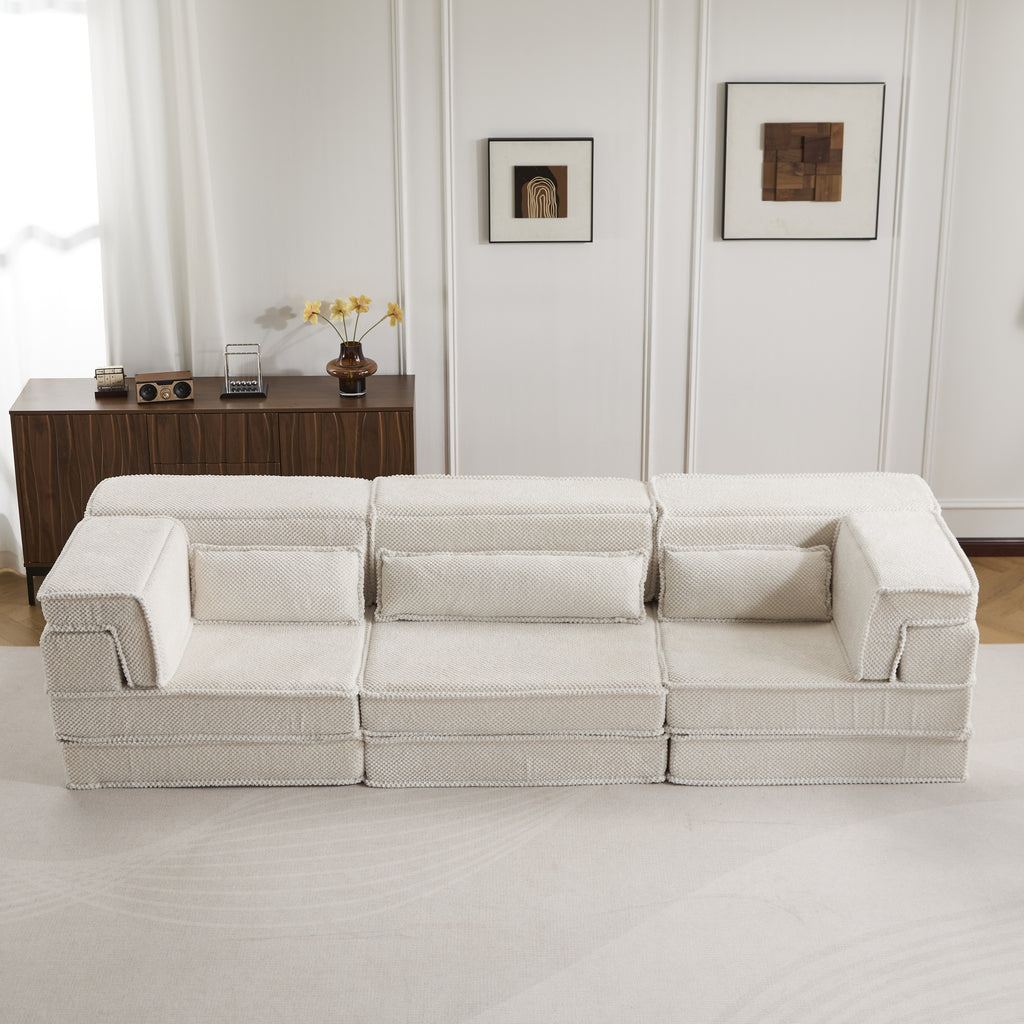Compression Mahjong Sofa,Convertible Floor Sofa Bed,DIY Boneless Modular Sectional Sofa,No Assembly Required,Circle Fleece Fabric,Oversized 3 Seater With 3 Pillows,White