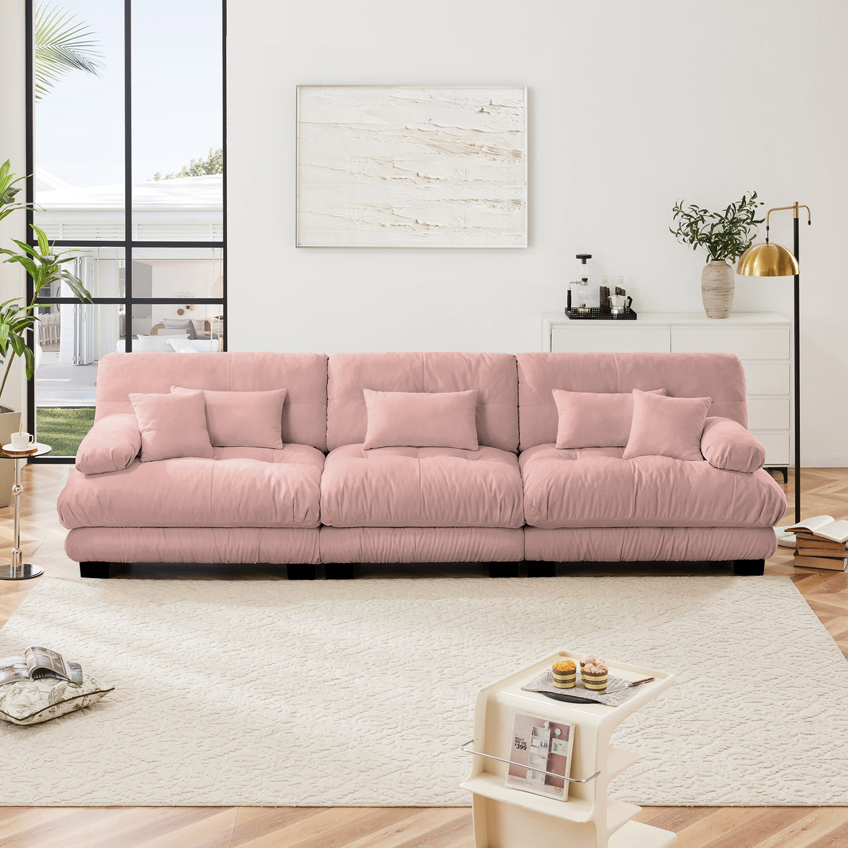 3-Seater Sectional Sofa Modular Deep Seat Sofa Couch , Chenille Sofa Soft Comfy Upholstered Furniture For Living Room, Apartment, Studio, Office,Chenille Pink