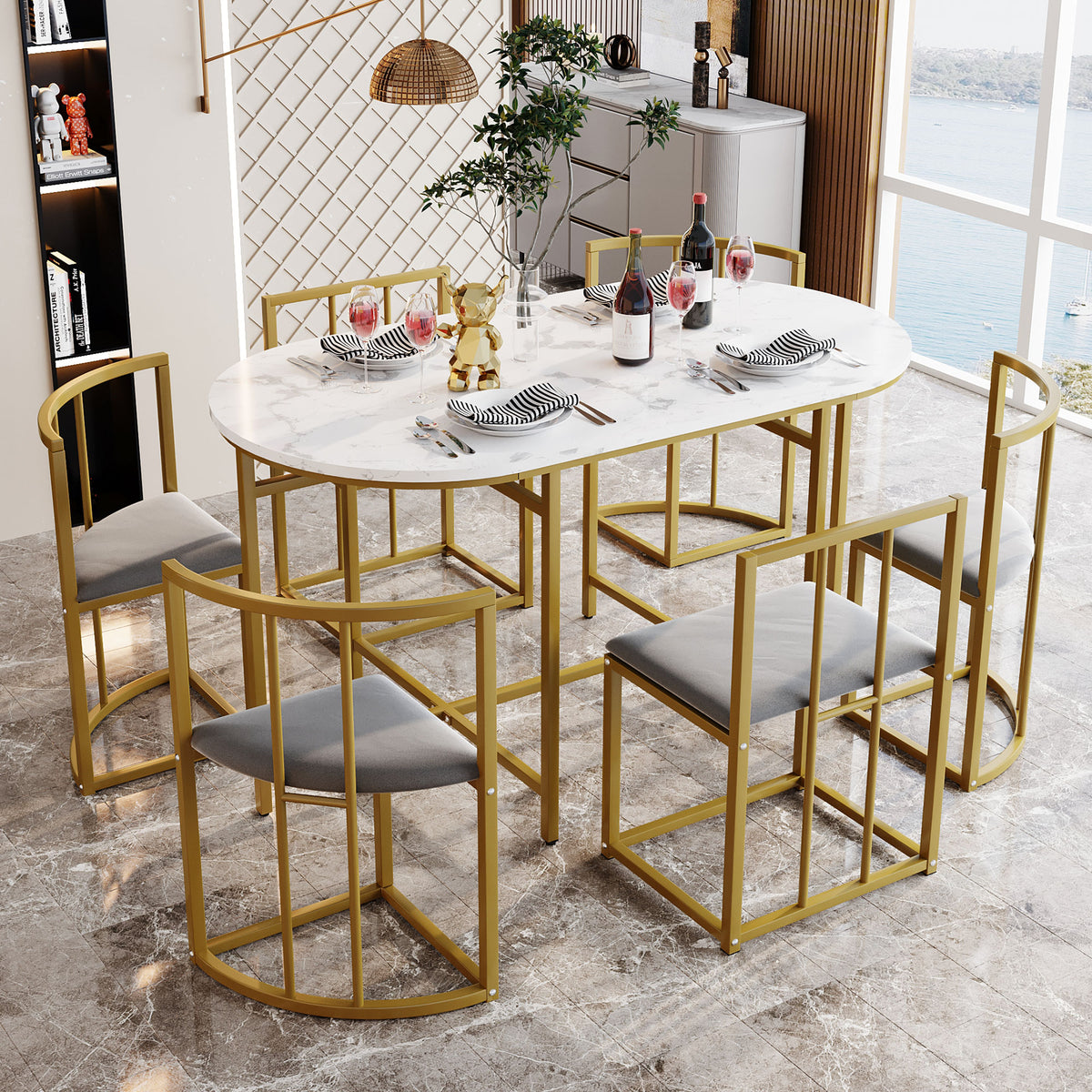 Six-Chair Dining Table Set White Table, Chairs With Backrests And Gray Upholstery, Gold Iron Frame,Dining Room Table And Chair Set,Modern Dining Table Combination