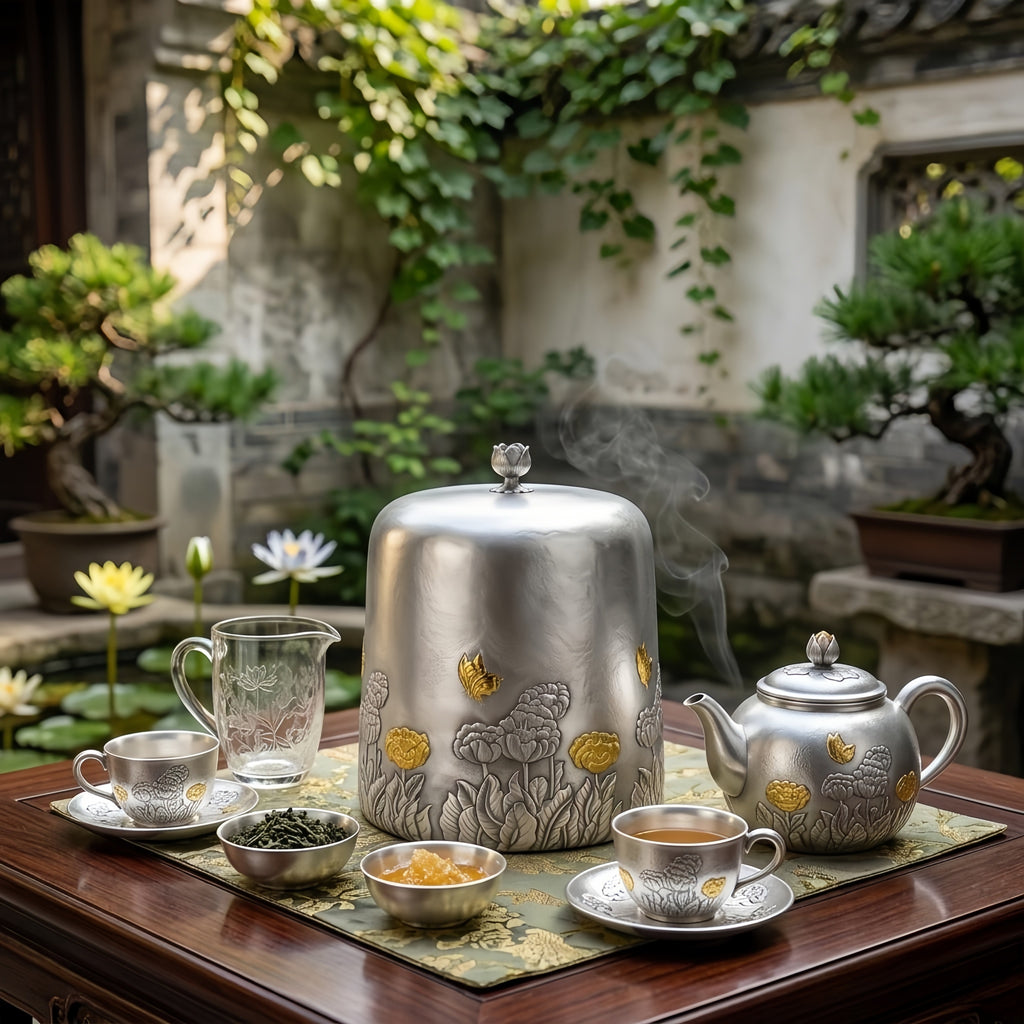 Pure 999 Fine Silver Ornate Silver-Finished Metal Canister with Intricate Floral and Butterfly Reliefs - Handicraft