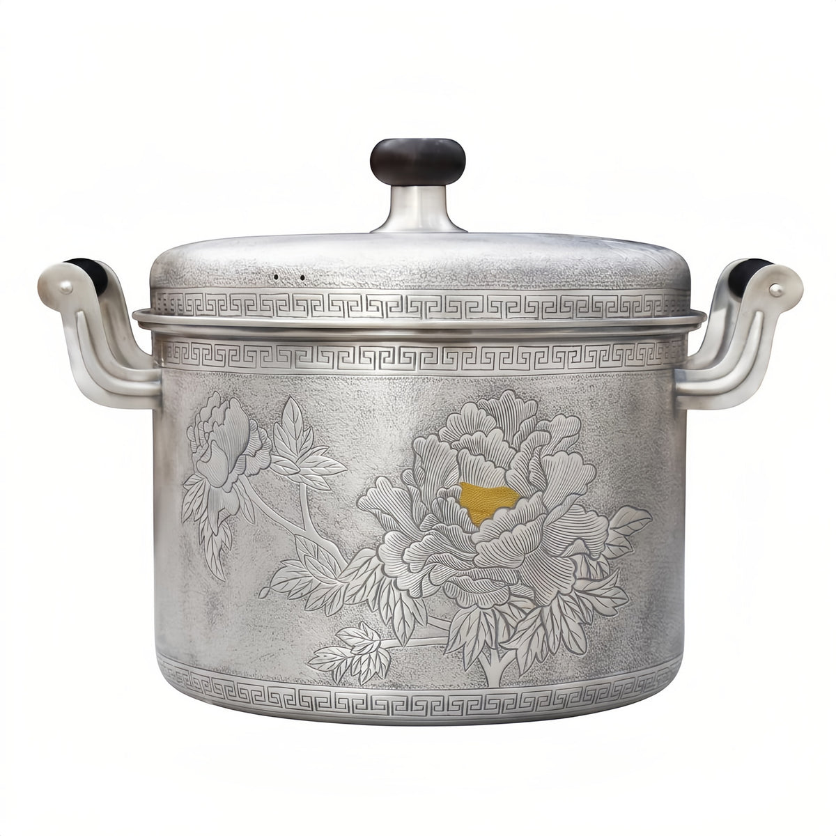 Pure 999 Fine Silver Hand-Engraved Silver Cooking Pot Featuring Elegant Peony Floral Motifs and Traditional Geometric Borders - Handicraft