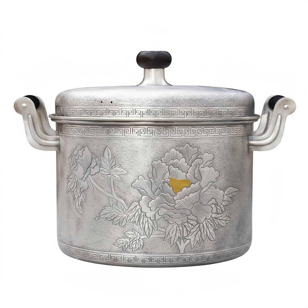 Pure 999 Fine Silver Hand-Engraved Silver Cooking Pot Featuring Elegant Peony Floral Motifs and Traditional Geometric Borders - Handicraft