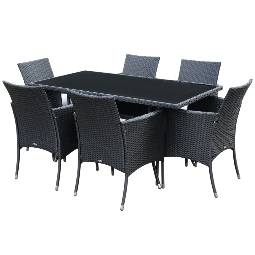 6 Seater Rattan Dining Set With Cushions, Rattan Garden Furniture Set With 6 Armchairs, Rectangular Glass Top Table, Outdoor Dining Table And Chairs, Black