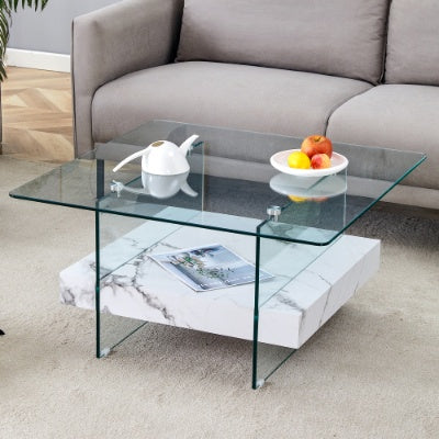 Modern Glass Coffee Table 2-Tier Square | Black Marble Design