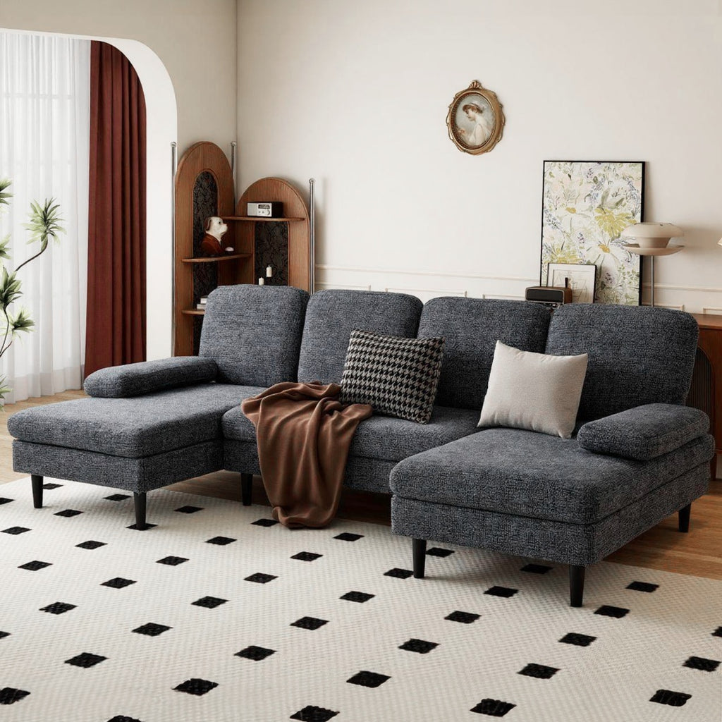 U-shaped Combination Sofa, Double Lounge Chair, Chenille Fabric 4-seat Living Room Furniture