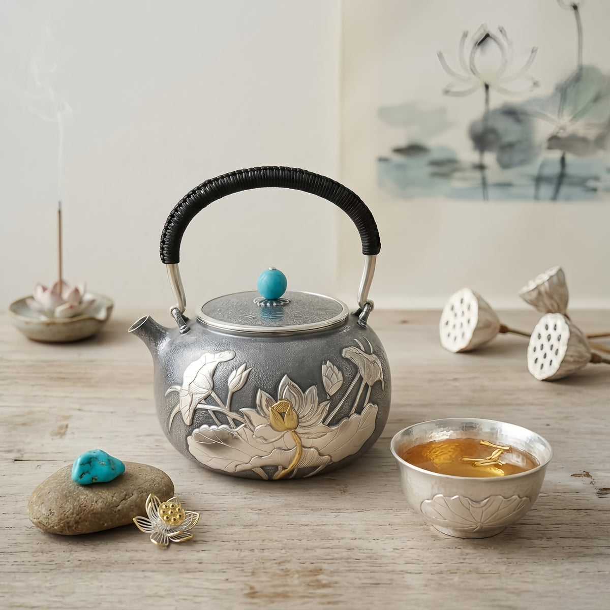 925 Sterling Silver Artisan Silver Lotus Teapot with Turquoise Finial and Woven Handle - Handicraft