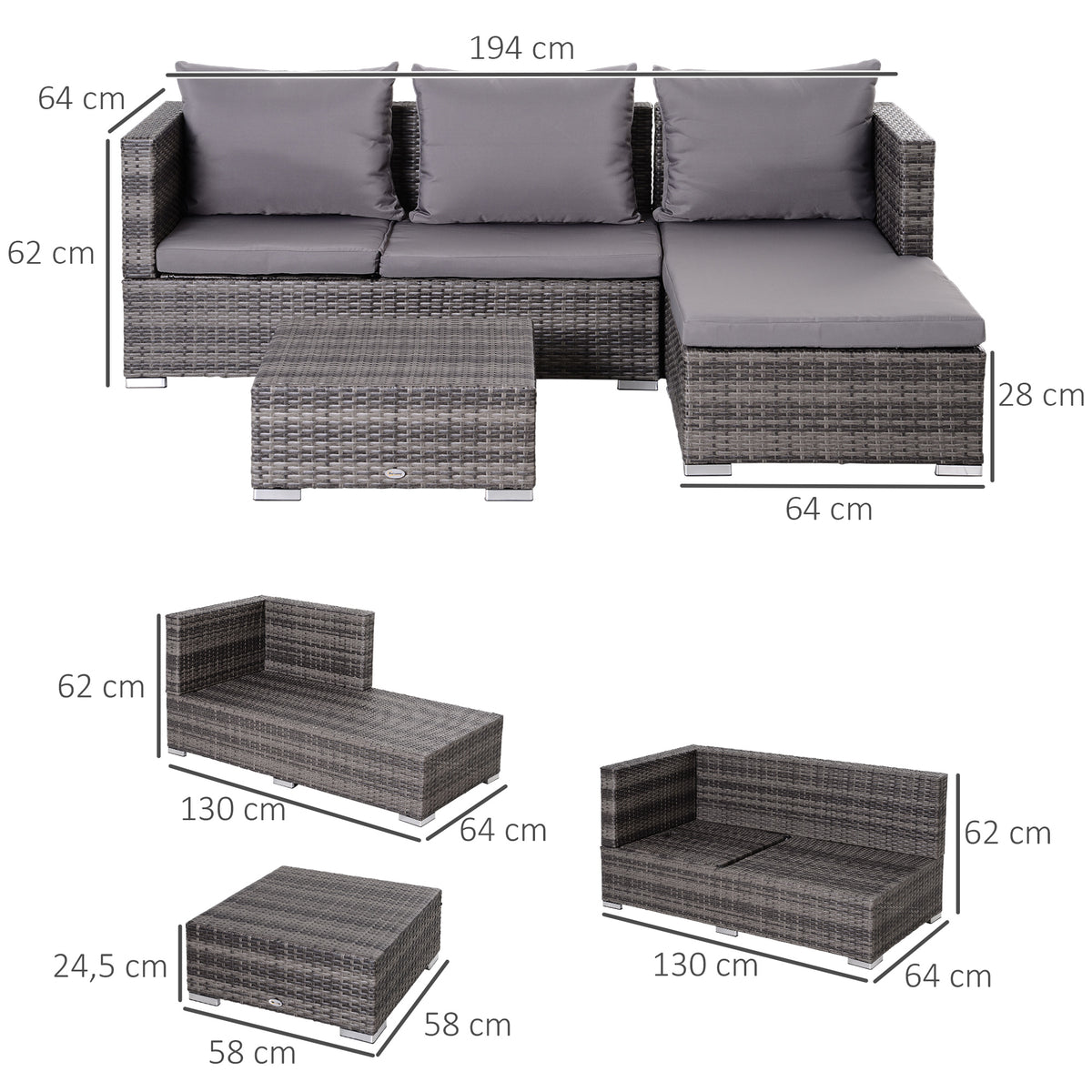 3PC Rattan Garden Furniture Storage Sofa Set 4 Seater Wicker Coffee Table Conservatory Sun Lounger Reclining Set Outdoor Weave With Cushion Grey