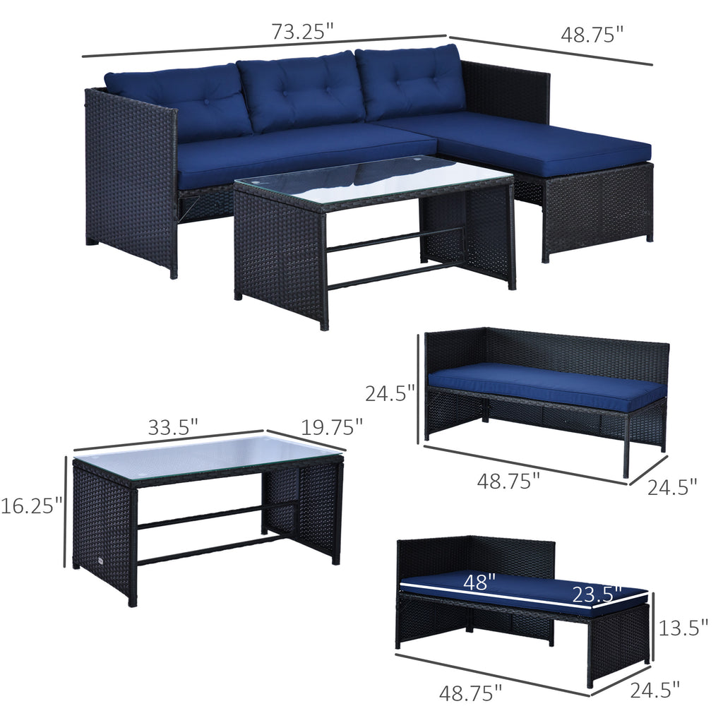 3 Piece Patio Furniture Set, Rattan Outdoor Sofa Set with Chaise Lounge & Loveseat, Soft Cushions, Tempered Glass Table, L-Shaped Sectional Couch, Blue
