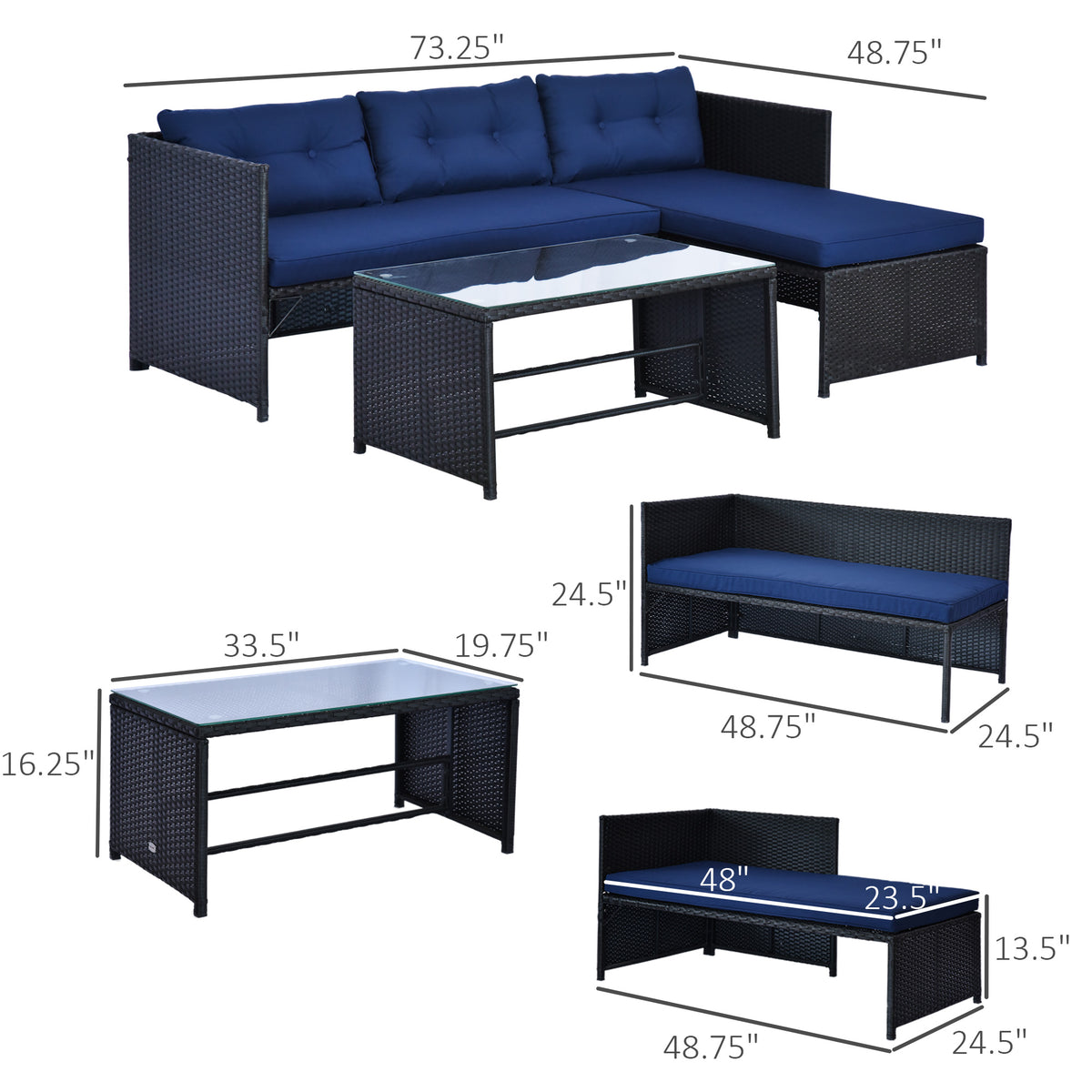 3 Piece Patio Furniture Set, Rattan Outdoor Sofa Set with Chaise Lounge & Loveseat, Soft Cushions, Tempered Glass Table, L-Shaped Sectional Couch, Blue