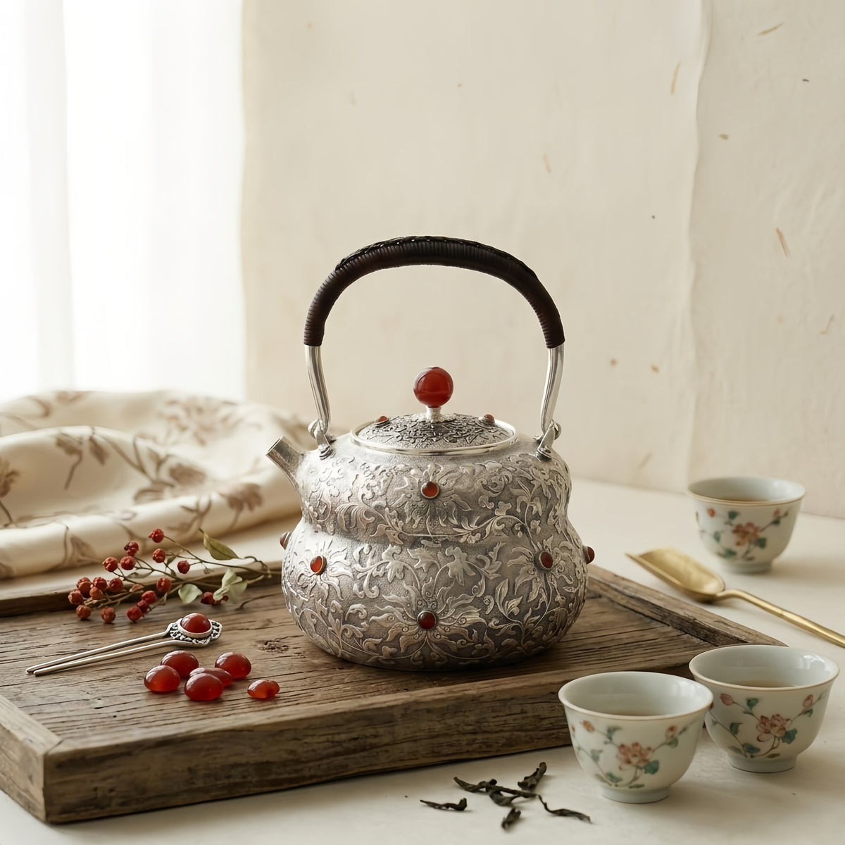 925 Sterling Silver Elegant  Teapot with Intricate Floral Engraving and Red Gem Accents - Handicraft