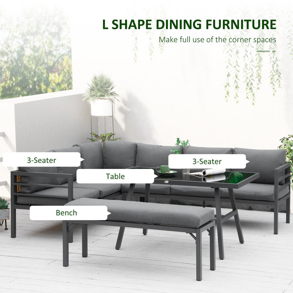 4 Piece L-shaped Garden Furniture Set 8-Seater Aluminium Outdoor Dining Set Conversation Sofa Set W/ Bench, Dining Table & Cushions, Grey