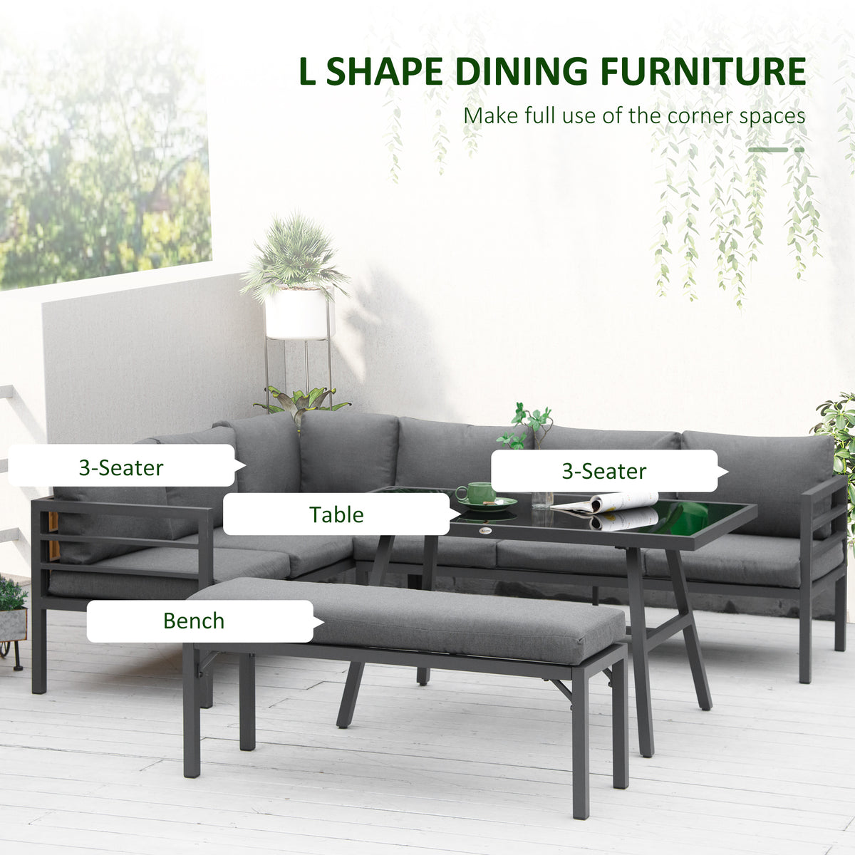 4 Piece L-shaped Garden Furniture Set 8-Seater Aluminium Outdoor Dining Set Conversation Sofa Set W/ Bench, Dining Table & Cushions, Grey