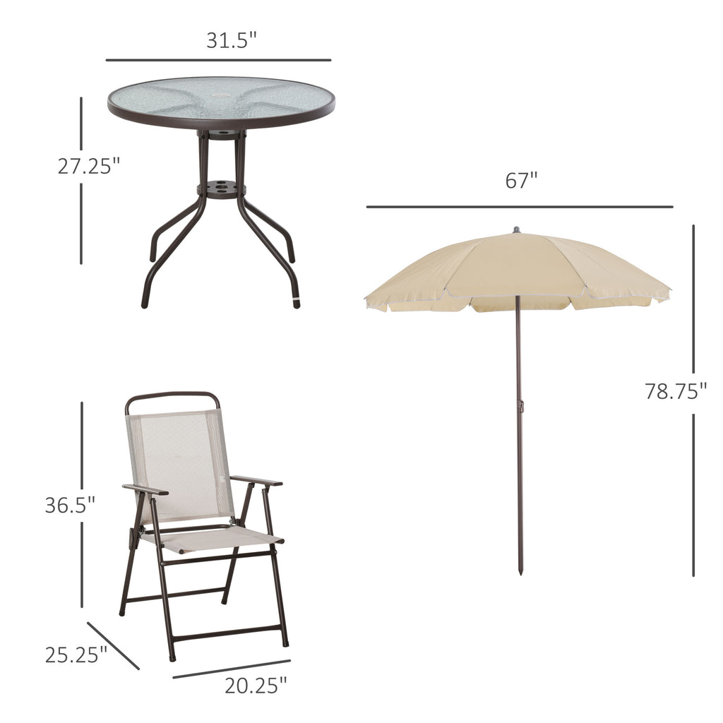 6-Piece Patio Dining Set With Umbrella, Folding Chairs & Glass Table, Beige - Outdoor Meal Setup