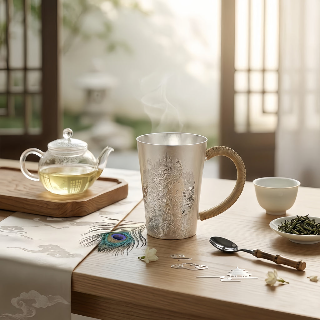 Pure 999 Fine Silver Elegant Peacock-Engraved Ceramic Mug with Woven Handle-Premium Master Cup - Handicraft