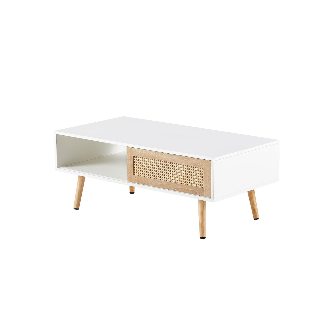 Rattan Coffee Table With Sliding Door And Solid Wood Legs
