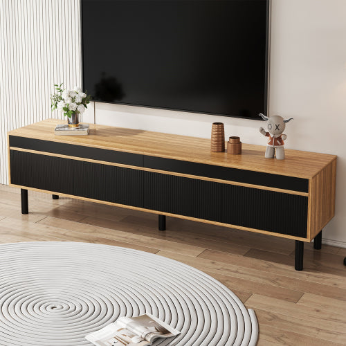 TV Cabinet, TV Table, TV Panel, Low Cabinet With Four Doors. Fine Texture. Black And Wood Color.