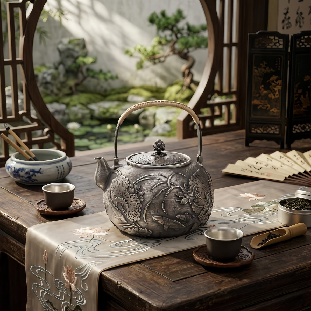 Pure 999 Fine Silver Exquisite Silver Teapot with Intricate Lotus and Koi Fish Relief Carvings - Handicraft