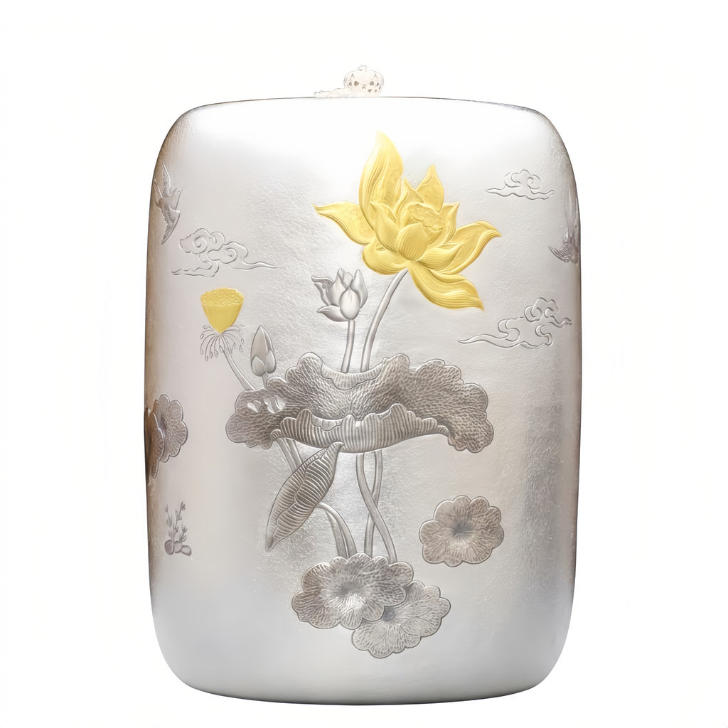 Pure 999 Fine Silver Exquisite Silver Lotus Canister with Gilded Accents and Traditional Cloud Motifs - Handicraft