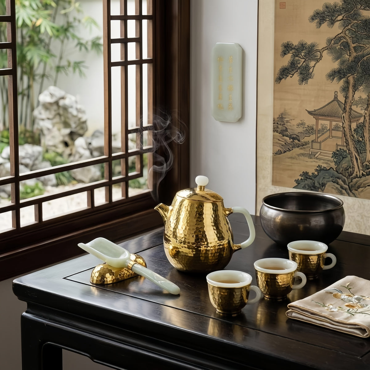 925 Sterling Silver Hammered Gilded Teapot with Elegant Milky White Handle and Finial - Handicraft