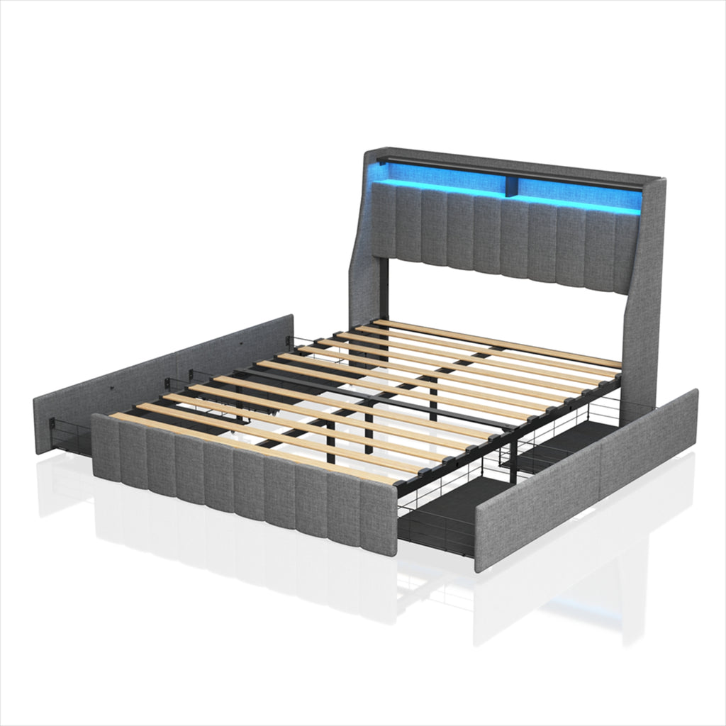 Queen Size Bed Frame With LED, Storage Drawers, Wings Headboard - Light Gray