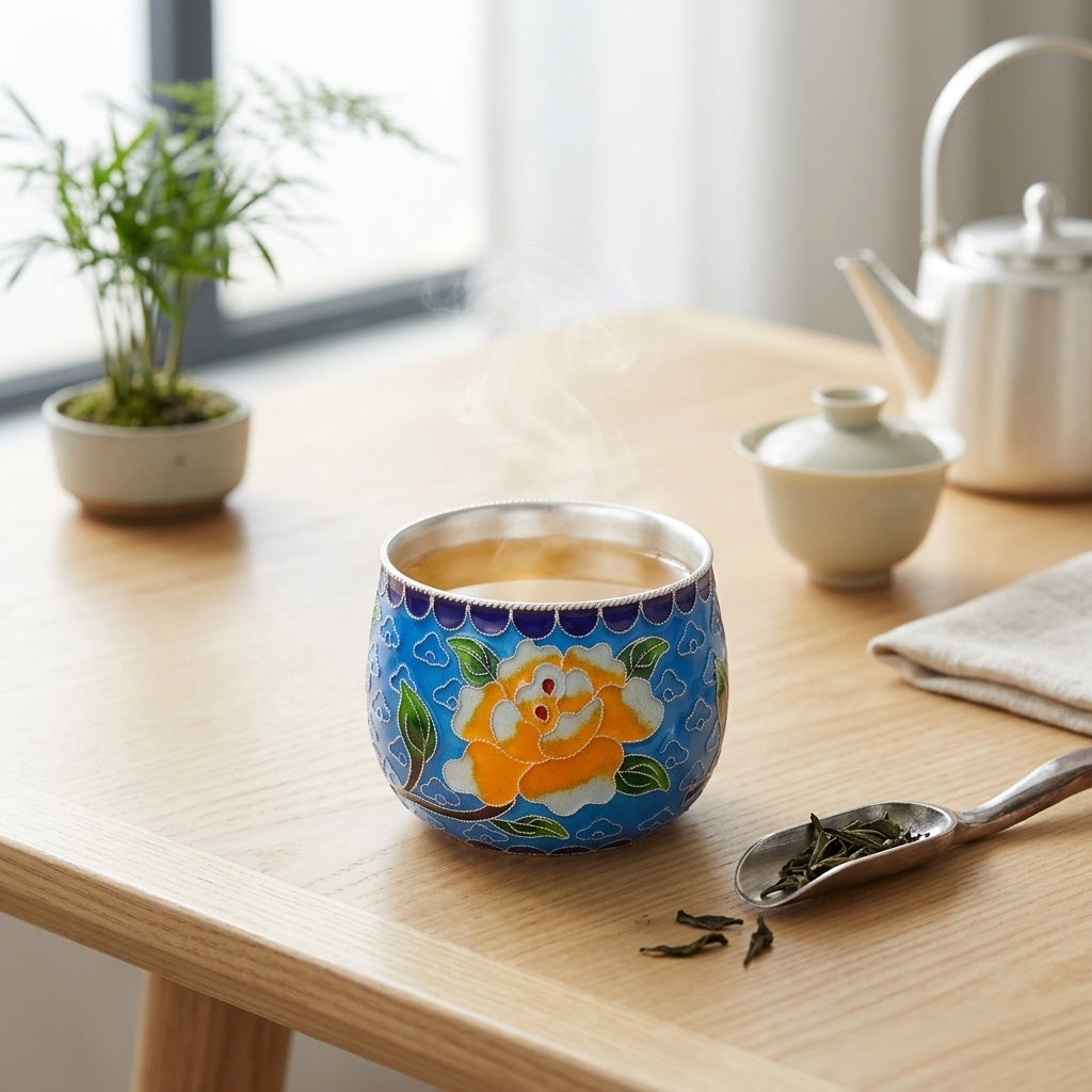 925 Sterling Silver Hand-Painted Ceramic Cup with Vibrant Floral Motif and Traditional Craftsmanship - Handicraft