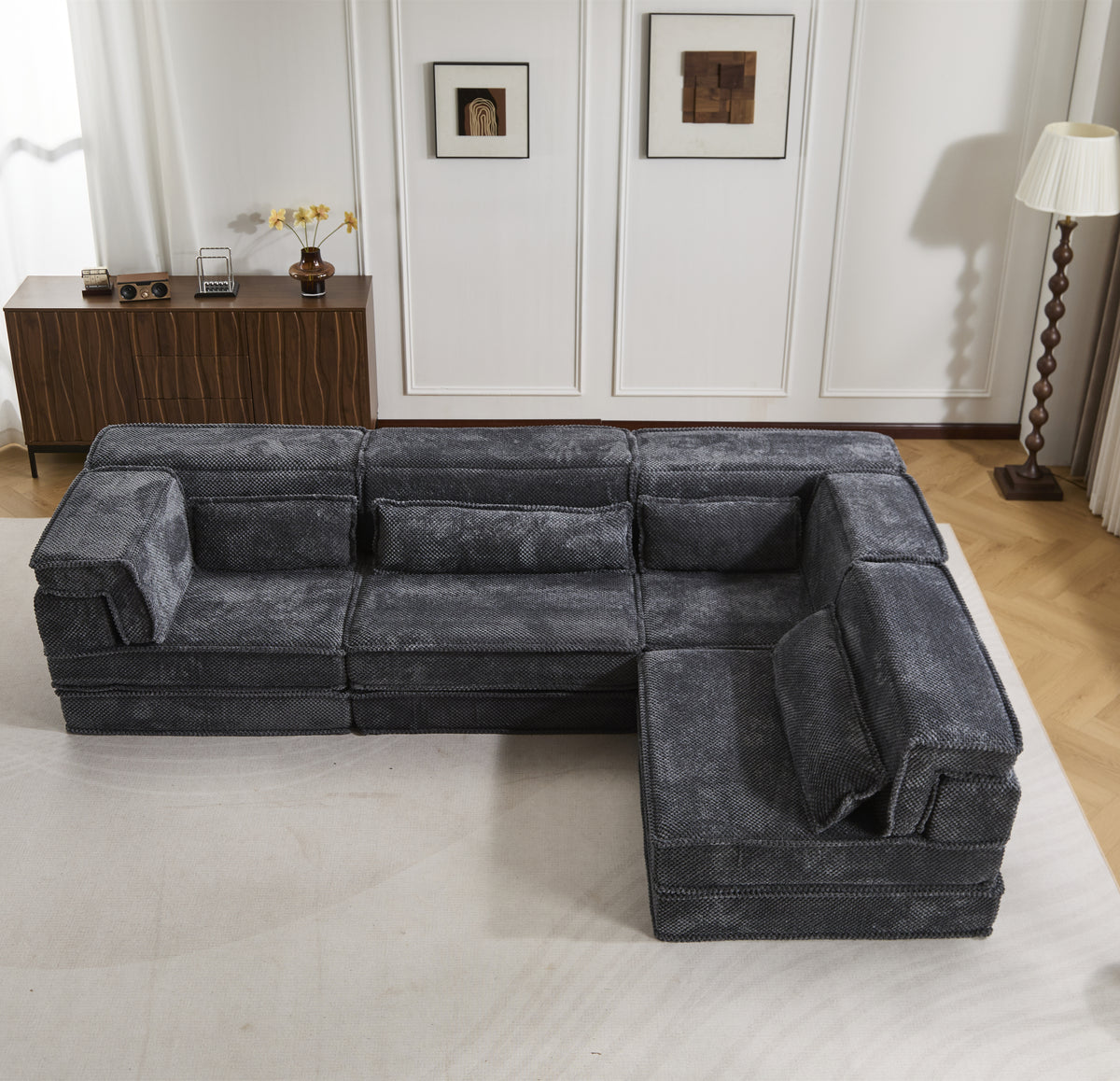 Compression Mahjong Sofa,Convertible Floor Sofa Bed,DIY Boneless Modular Sectional Sofa,No Assembly Required,Circle Fleece Fabric,Oversized 4 Seater With 4 Pillows,Dark-grey