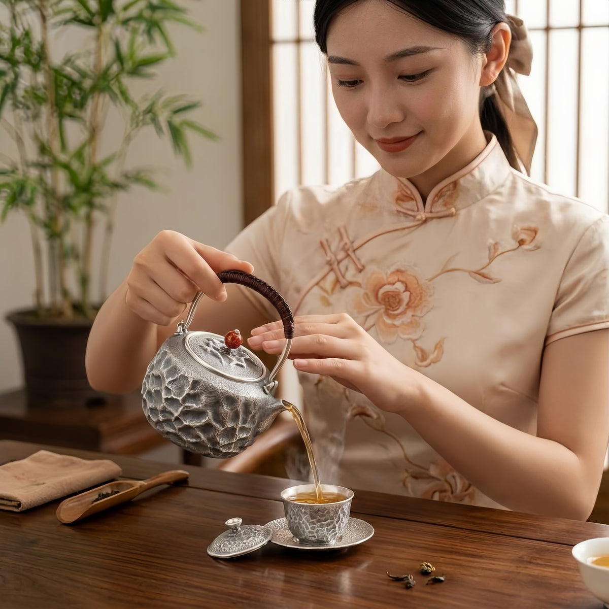 925 Sterling Silver Artistic Gray Teapot with Cracked Earth Texture and Contrasting Metallic Handle-Fine large teapot - Handicraft