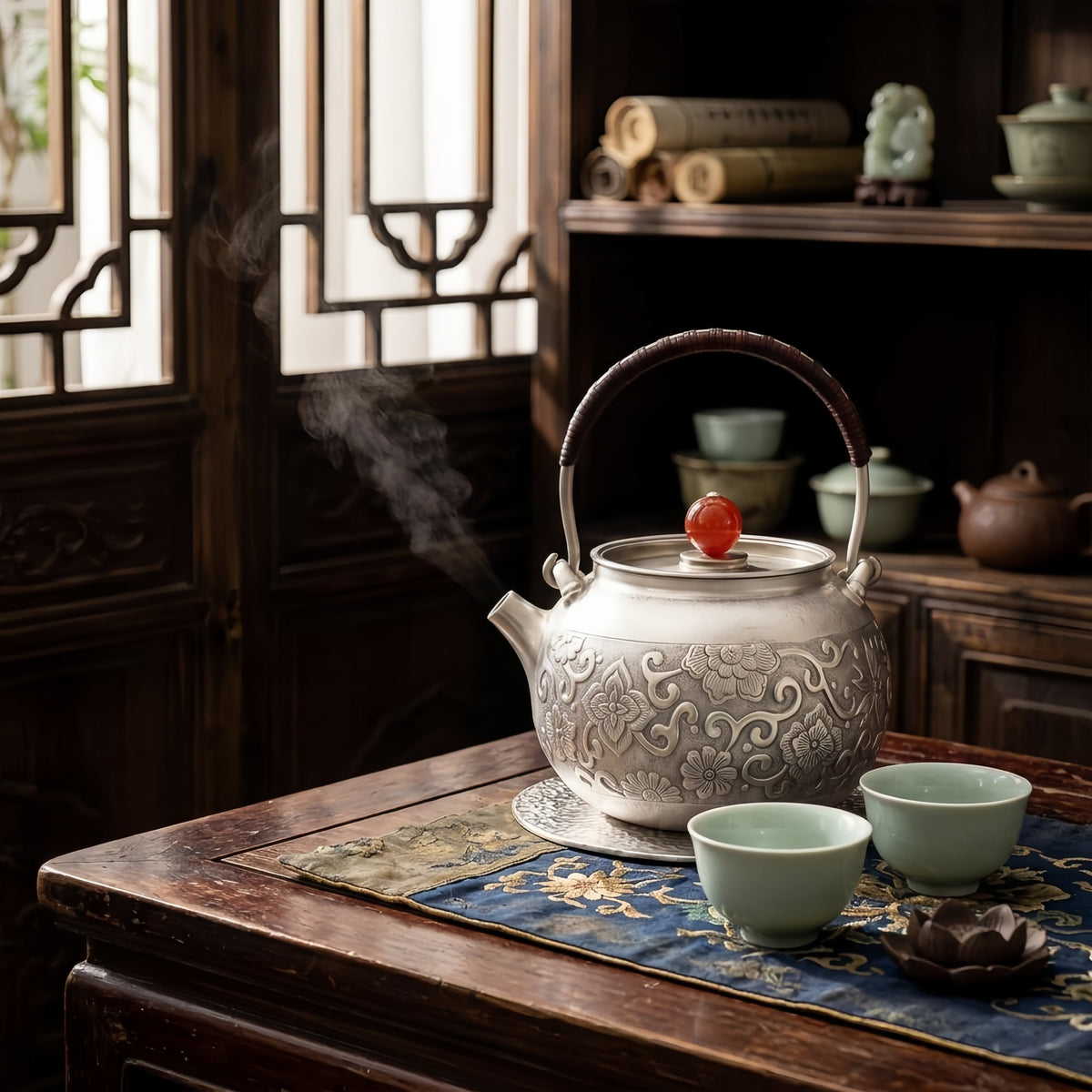 Pure 999 Fine Silver Elegant Silver Floral Teapot with Woven Handle and Red Gemstone Lid Finial - Handicraft