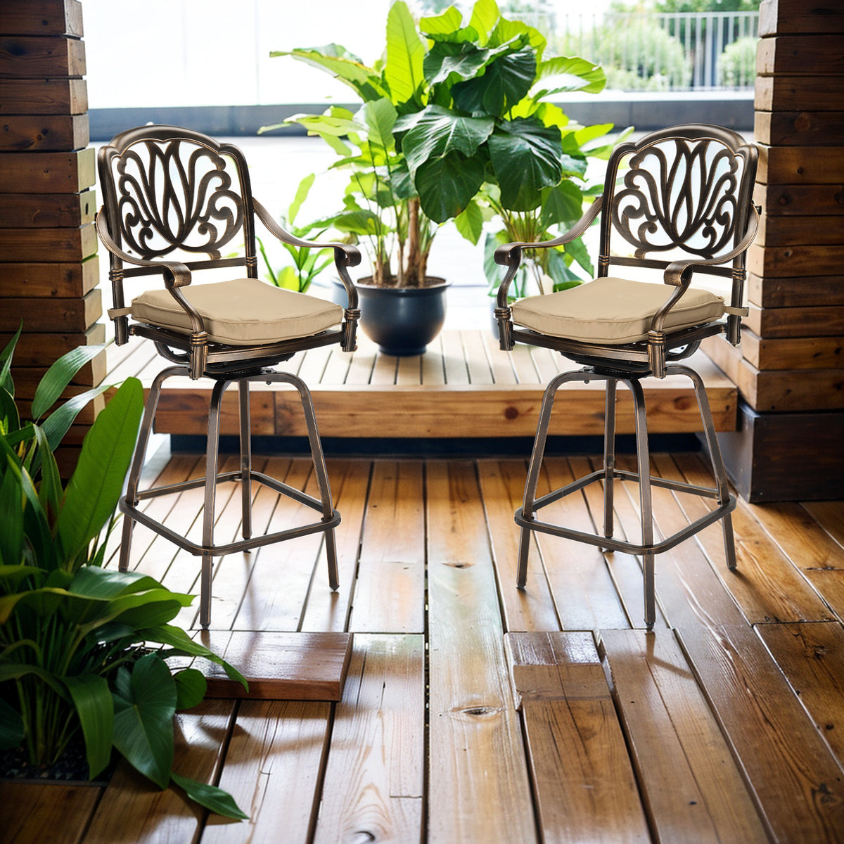 2pcs Bronze Color, Beige Cushion, Cast Aluminum Bar Stool