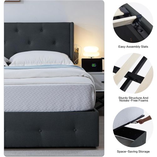 Queen Size Bed Frame With Storage - Lift Up Storage Bed With Modern Wingback Headboard, USB Ports