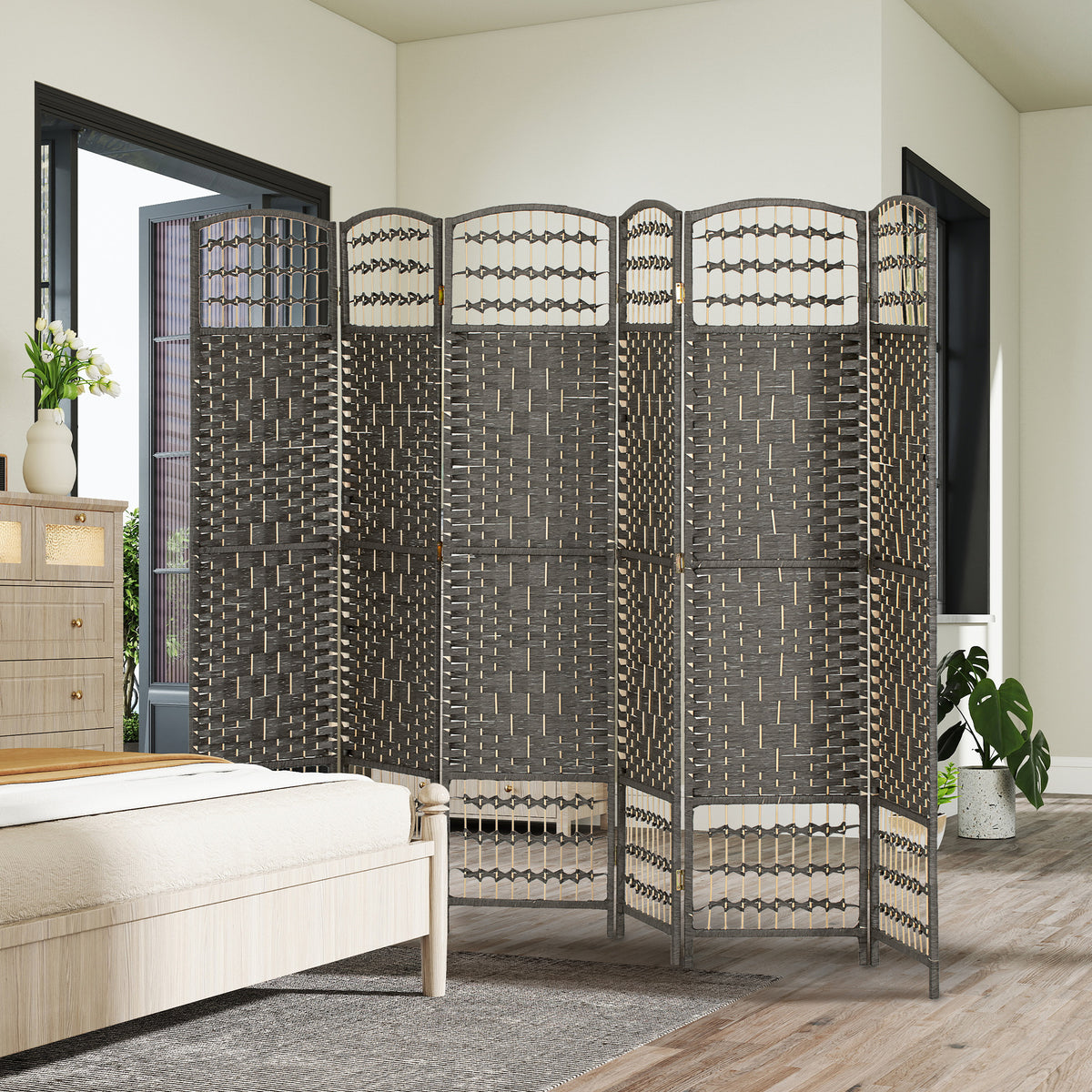 6 Panel Folding Room Divider Portable Privacy Screen Wave Fiber Room Partition for Home Office Dark Gray