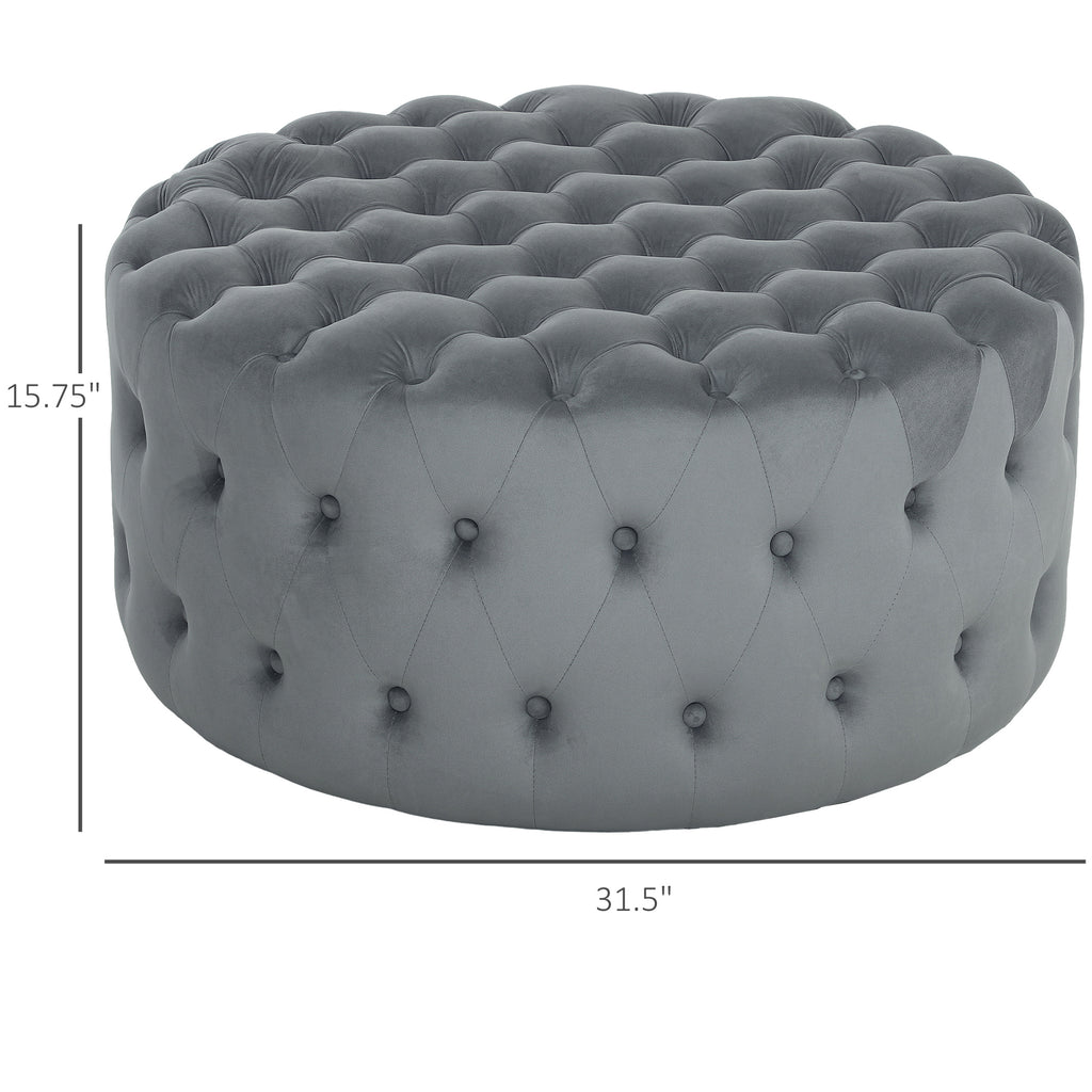 Round Ottoman Coffee Table With Velvet-feel Upholstery, Button Tufted Design And Padded Seat, Dark Gray
