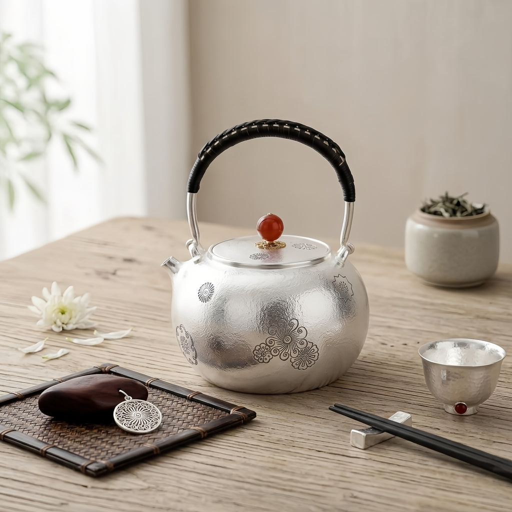Pure 999 Fine Silver Elegant Handcrafted Silver Teapot with Red Agate Knob and Floral Engravings - Handicraft