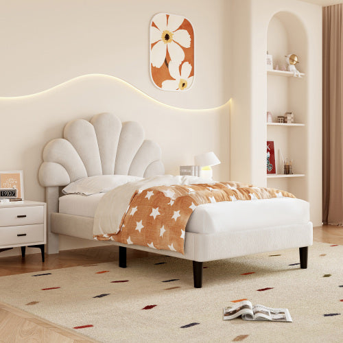 3ft Single Upholstered Velvet Bed Frame, With Adjustable Chic Petal Headboard, Velvet Platform Bed Frame With Solid Wood Slat, No Box Spring Needed, Easy Assembly, Beige