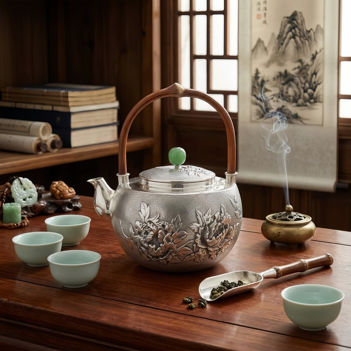 925 Sterling Silver Handcrafted Fine Silver Teapot with Intricate Peony Relief and Jade Green Finial - Handicraft