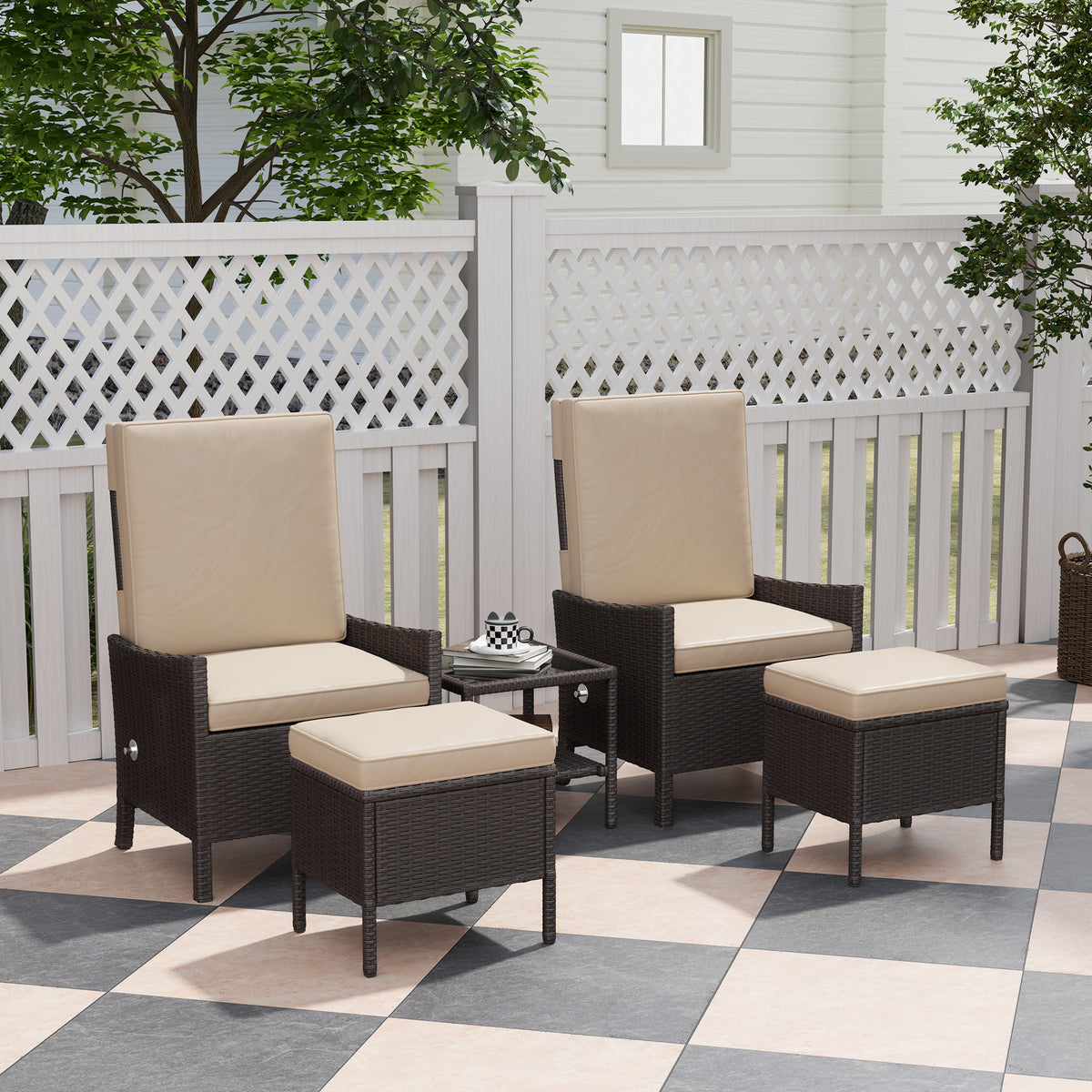 5 Piece Rattan Garden Furniture Set, Wicker Patio Sofa Set With 2 Armchairs, 2 Footstools, Glass Top Coffee Table With Shelf, Outdoor Furniture With Adjustable Backrests, Cushions, Khaki