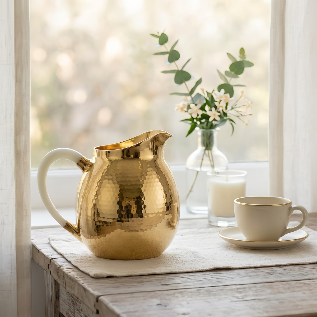 925 Sterling Silver Handcrafted Hammered Brass Pitcher with Elegant Creamy White Handle - Handicraft