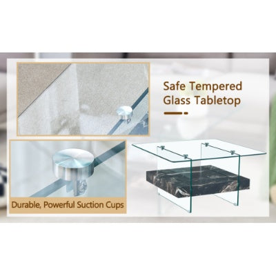 Modern Glass Coffee Table 2-Tier Square | Black Marble Design