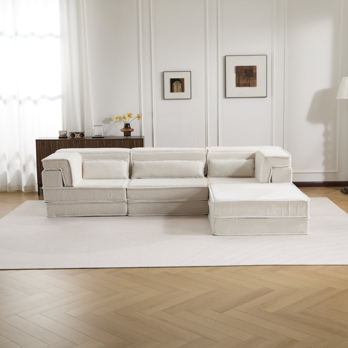 Compression Mahjong Sofa,Convertible Floor Sofa Bed,DIY Boneless Modular Sectional Sofa,No Assembly Required,Circle Fleece Fabric,Oversized 4 Seater With 3 Pillows,White