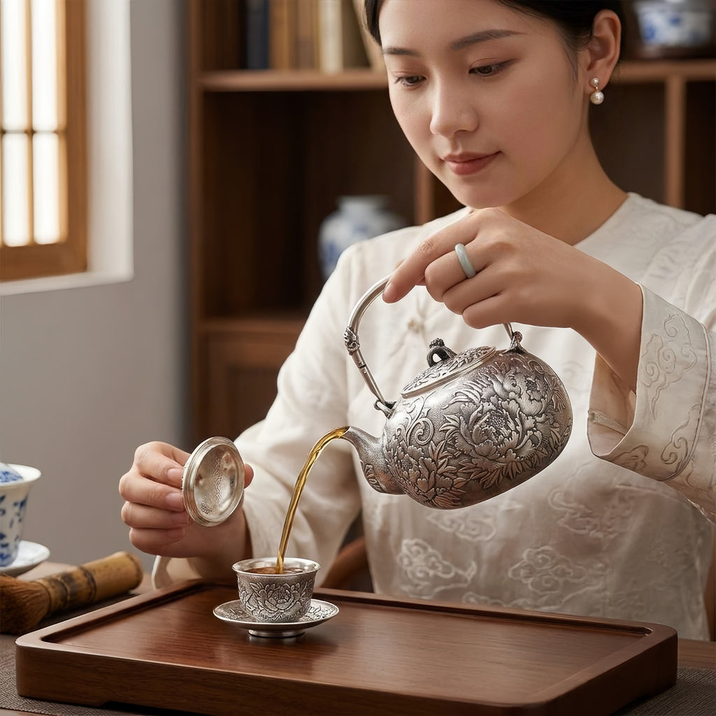 925 Sterling Silver Elegant Silver Teapot Featuring Intricate Peony Engravings and Ornate Handle - Handicraft