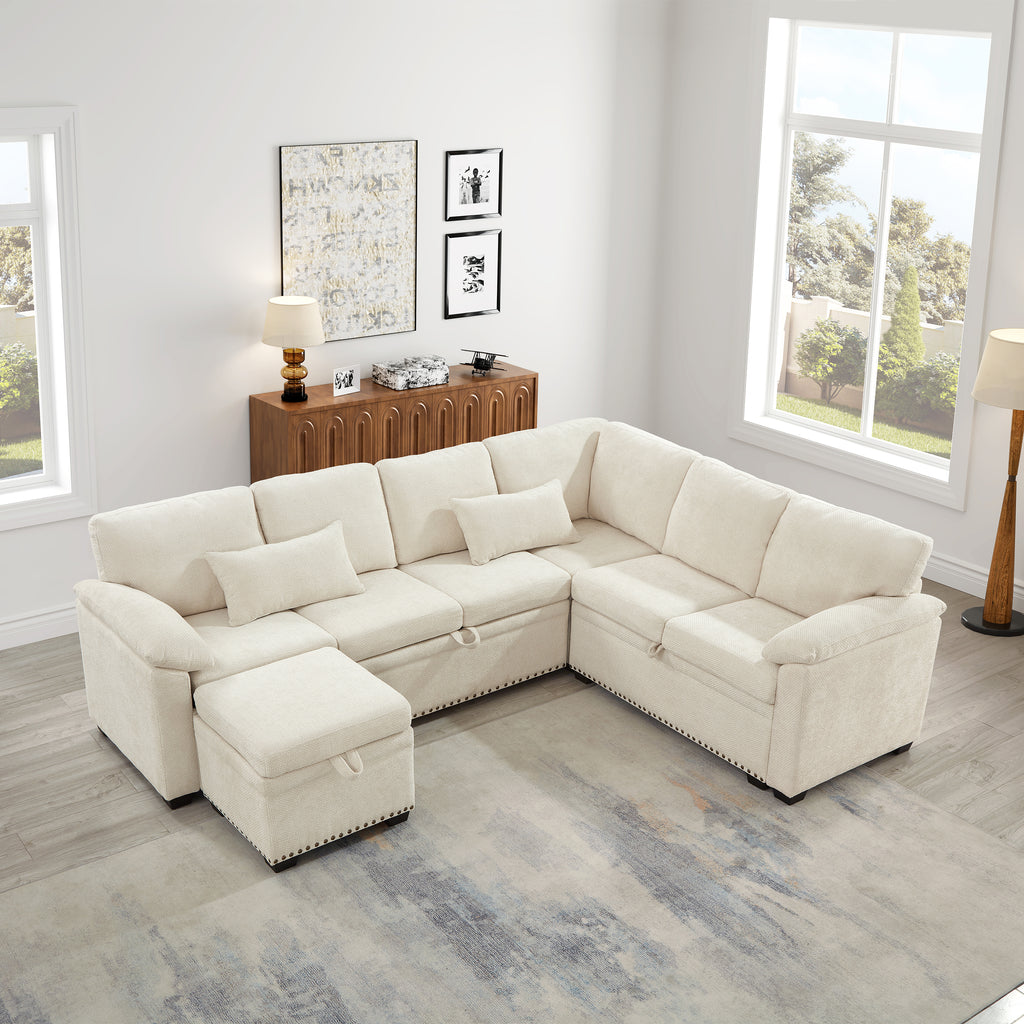 97 Inch L-Shaped Corner Sectional Sofa Couch With Seat And Storage Ottoman,Chenille Fabric Corner Couch With 7 Seats & 2 Pillows For Living Room, Beige